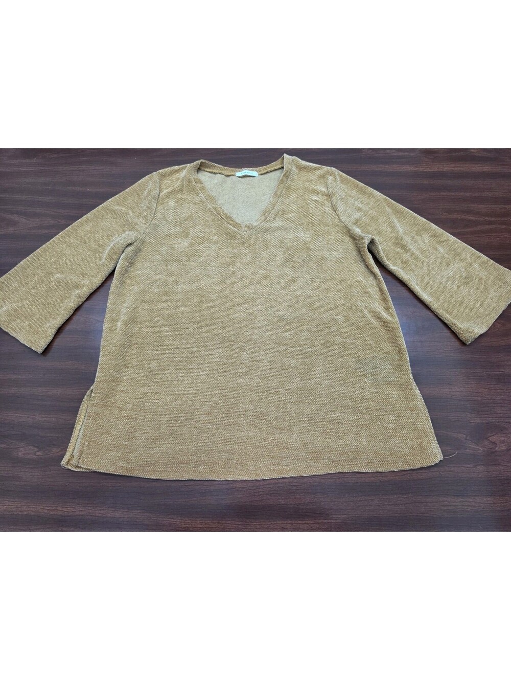 Cherish Textured Top Large Mustard Yellow 3/4 Sleeve V Neck Blouse Minimalist